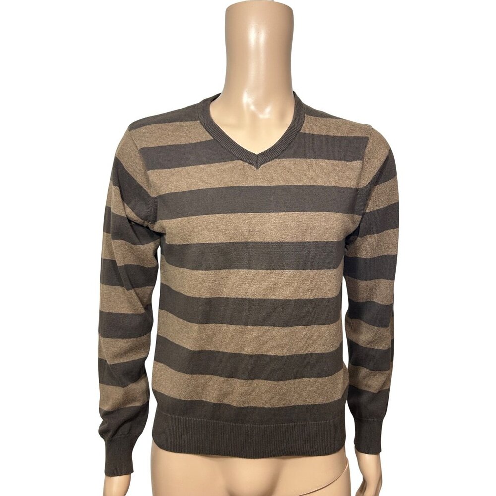 Old Navy Men’s Pullover Sweater M Brown Tan Stripes Crewneck Long Sleeve Casual